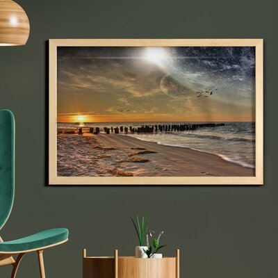 Ambesonne Space Wall Art With Frame, Solar Eclipse On Beach Ocean With Horizon Sun Moon Globe Gulls Flying View, Printed Fabric Poster For Bathroom Living Room Dorms, 35" X 23", Cream Orange - Image 0
