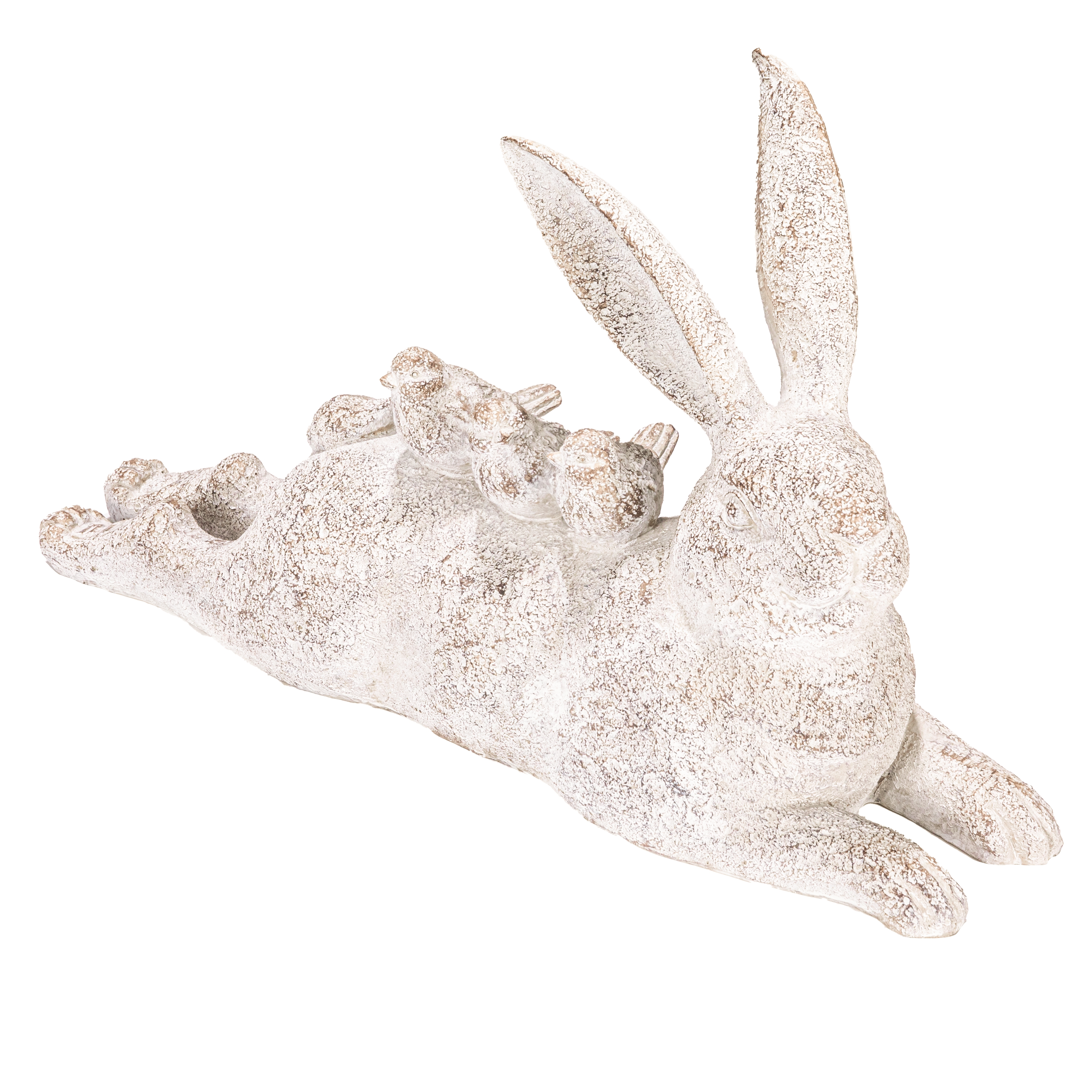 Decorative Resting Rabbit with Birds Figurine, Distressed White - Image 0