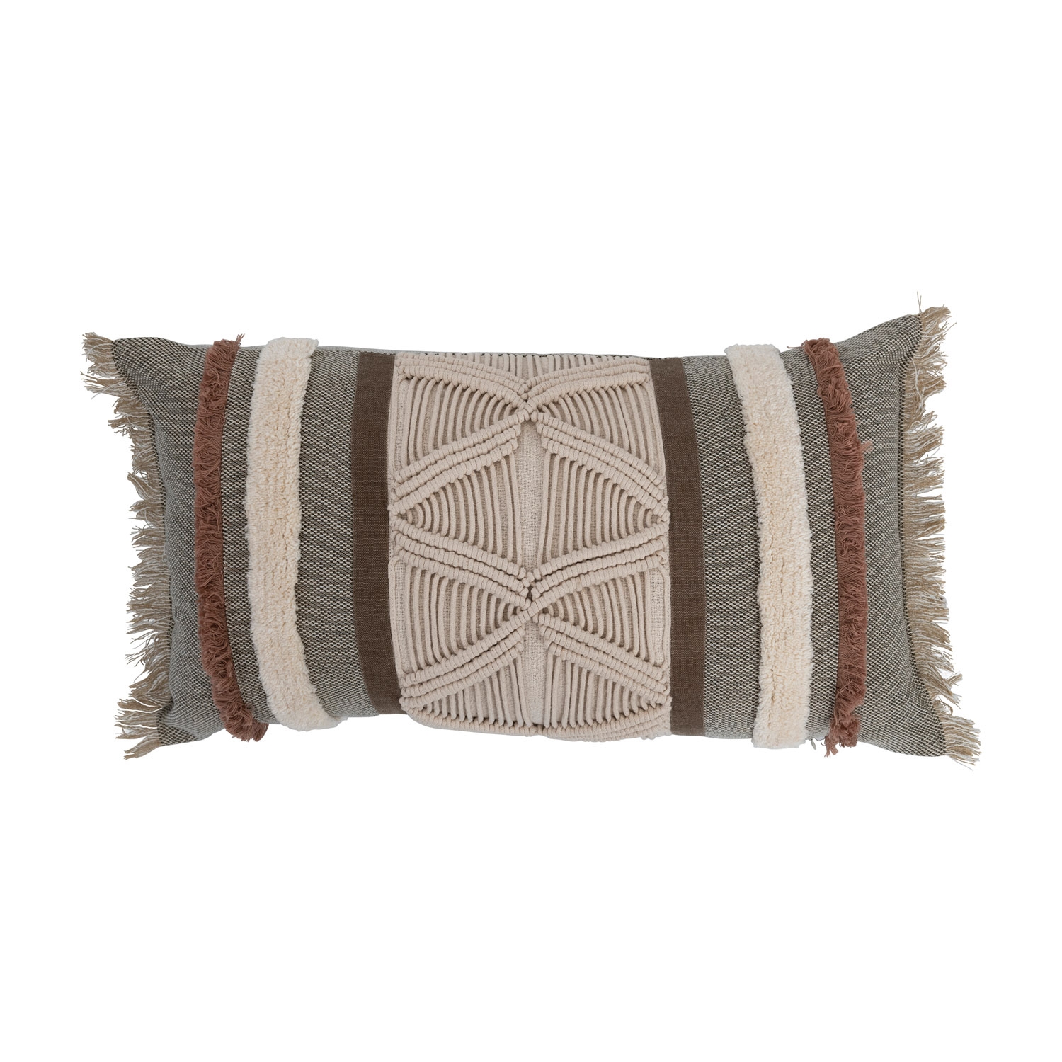 Cotton Tufted Lumbar Pillow with Applique, Macramé and Fringe - Image 0