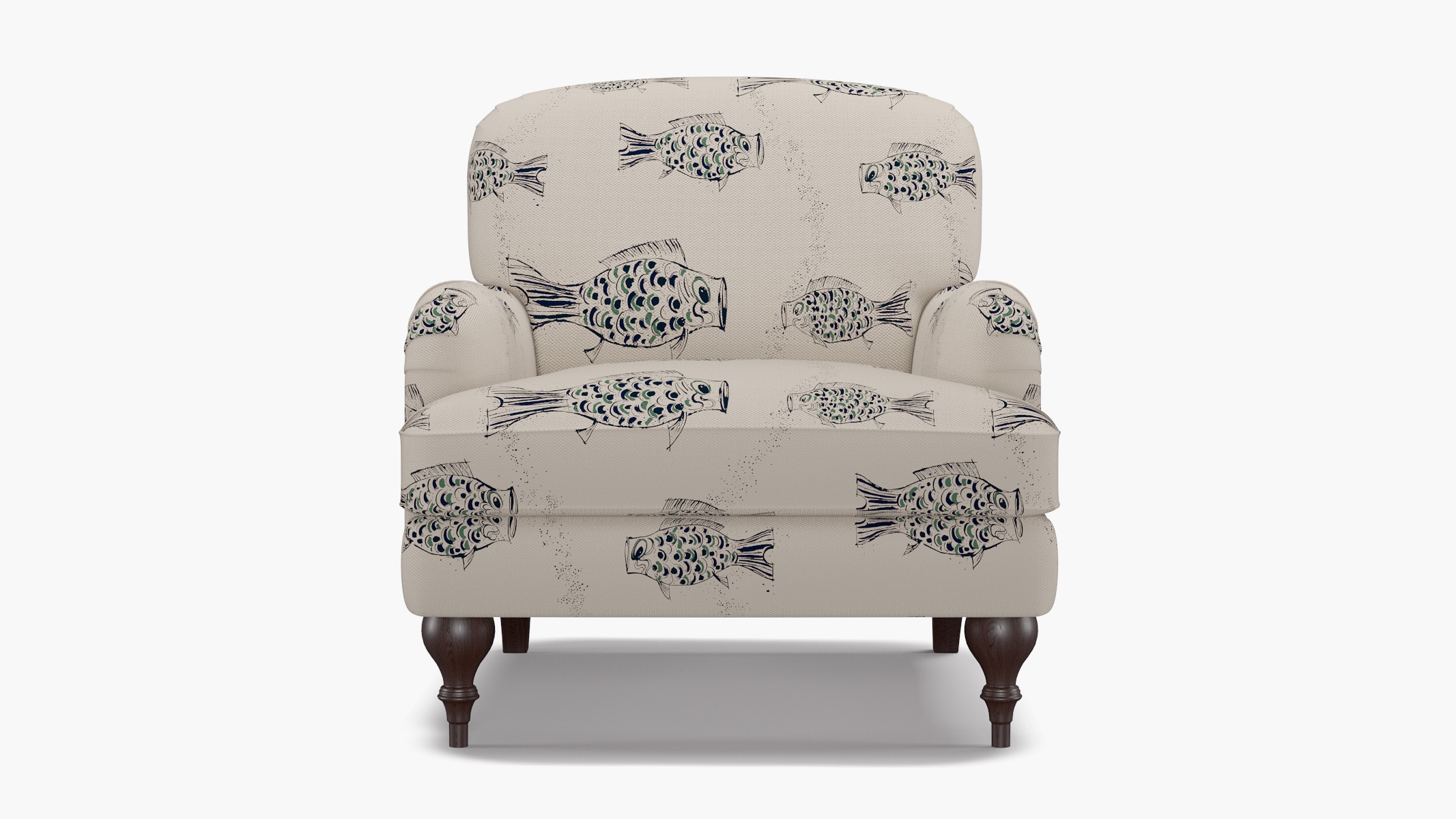 English Roll Arm Chair, Canvas Sakana, Espresso Turned Wood Leg - Image 0