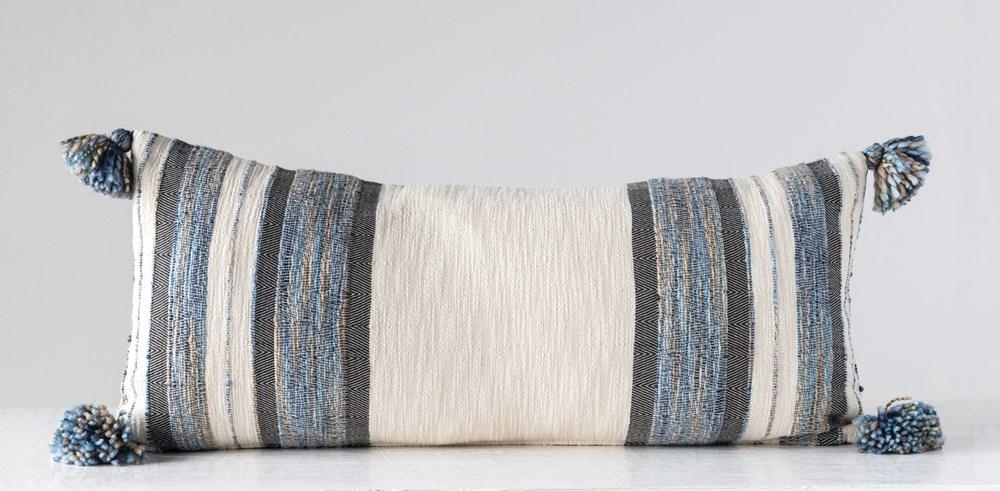 Blue, Grey & Cream Striped Cotton Blend Lumbar Pillow with Tassels - Image 2