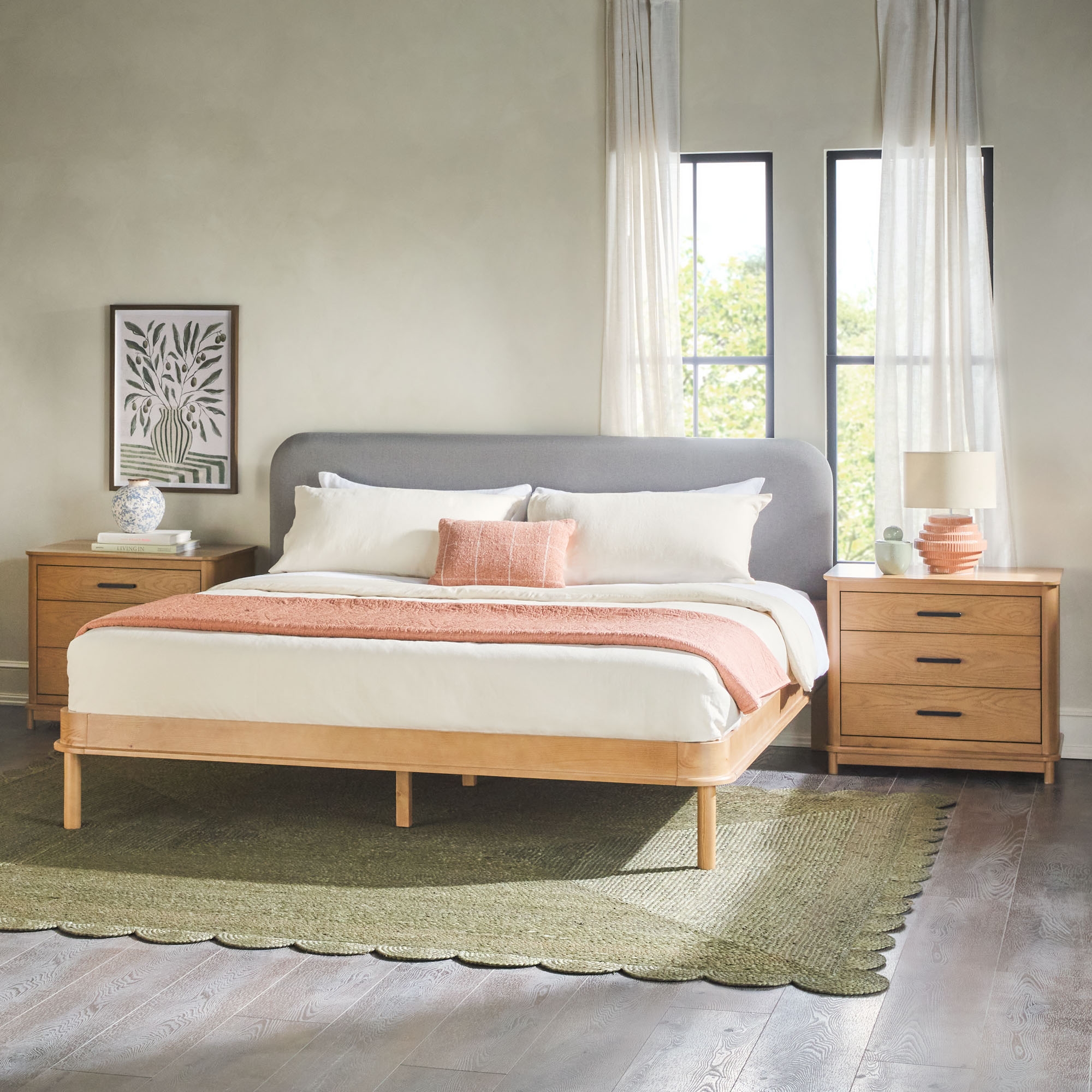 Contemporary Solid Wood King Bed with Curved Headboard - English Oak/Grey - Image 3