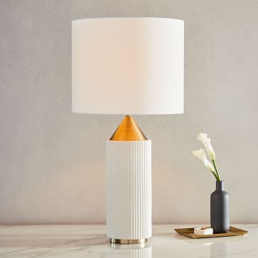 Modern Fluted Table Lamp, Large, White + Brass, Individual - Image 1