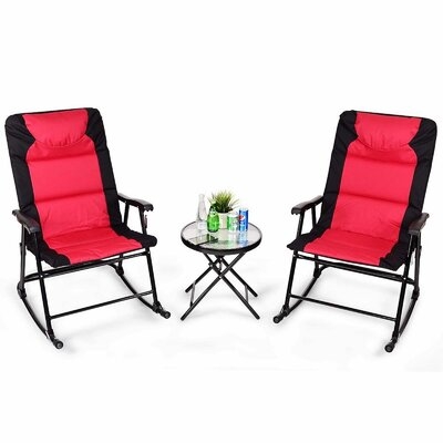 3 Pcs Outdoor Folding Rocking Chair Table Set With Cushion-Black&Red - Image 0