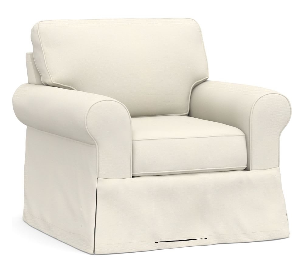 Buchanan Roll Arm Slipcovered Swivel Armchair, Polyester Wrapped Cushions, Textured Twill Ivory - Image 0