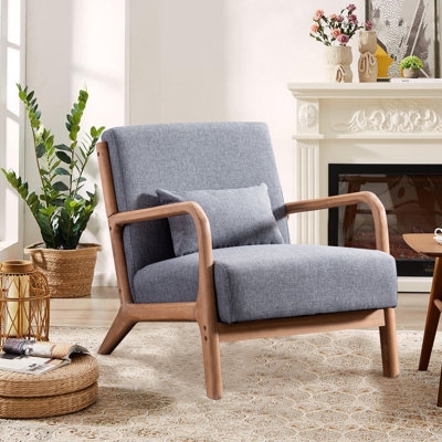 Hertford Upholstered Linen Blend Accent Chair with Wooden Legs and One Pillow - Image 0