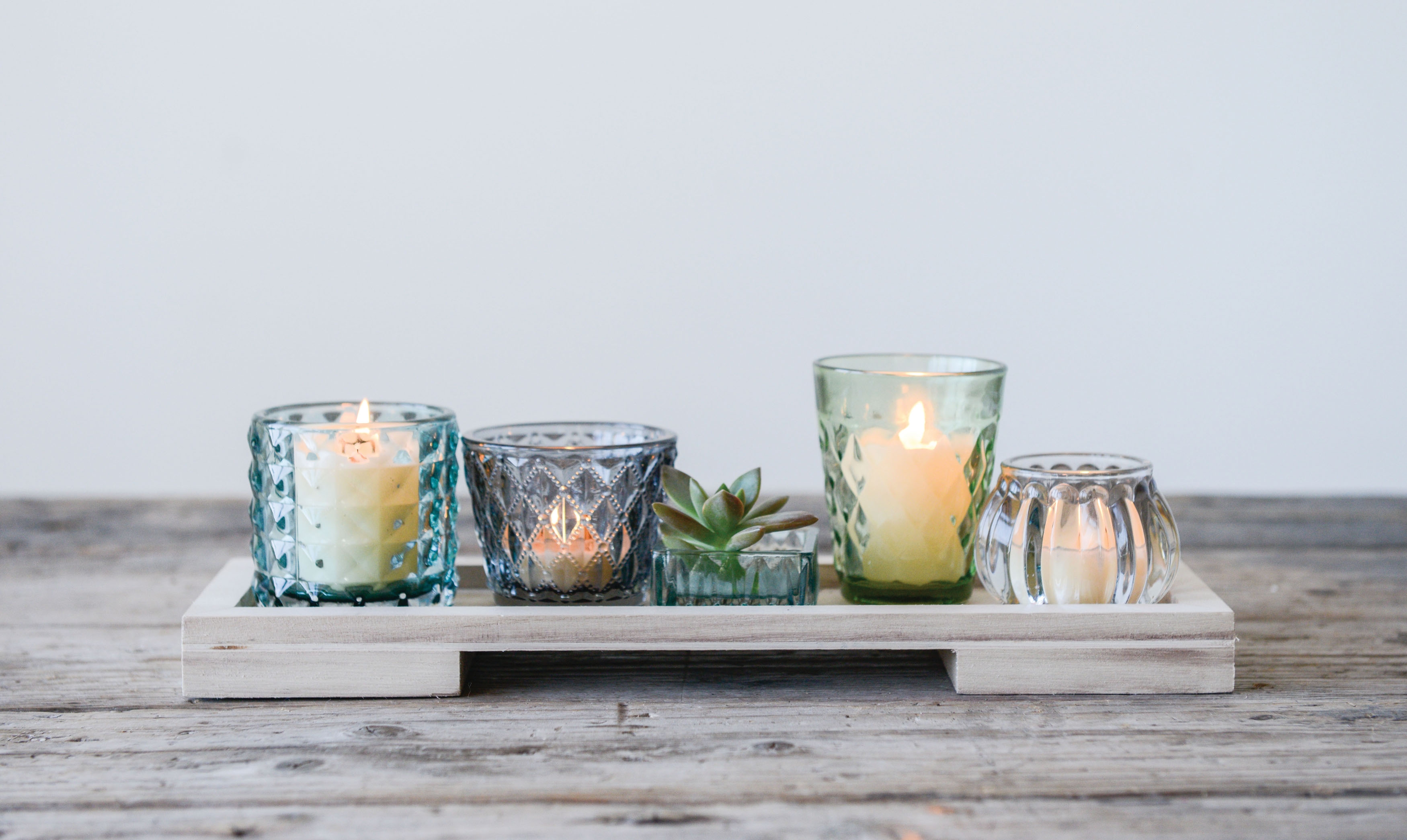 Glass Votive/Tealight Holders on Wood Tray (Set of 5 Pieces) - Image 1
