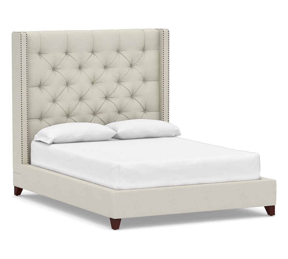 Harper Tufted Upholstered Bed with Bronze Nailheads, Full, Tall Headboard65"h, Premium Performance Basketweave Pebble - Image 0