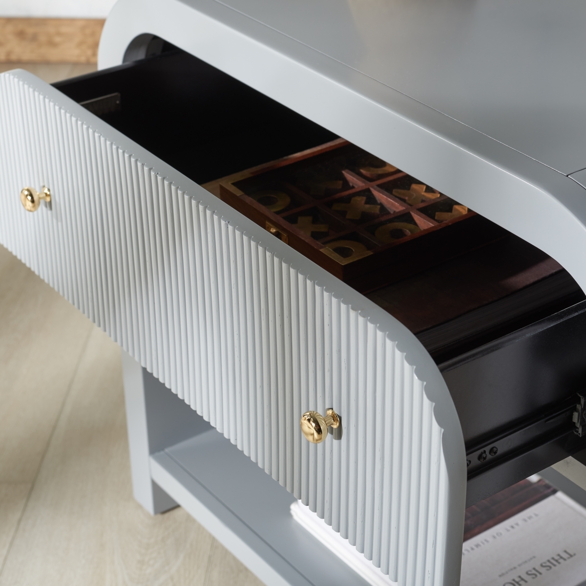 Liabella 1 Drw Curved Nightstand - Light Grey/Gold - Image 1