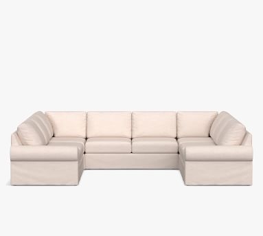 Big Sur Roll Arm Slipcovered U-Sofa Sectional with Bench Cushion, Down Blend Wrapped Cushions, Performance Slub Cotton Stone - Image 1
