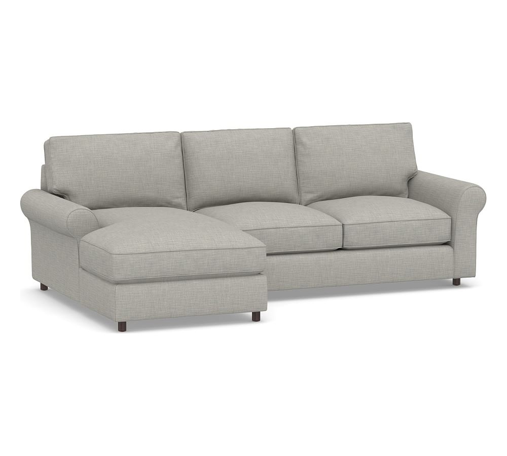 PB Comfort Roll Arm Upholstered Right Arm Loveseat with Chaise Sectional, Box Edge Down Blend Wrapped Cushions, Premium Performance Basketweave Light Gray - Image 0