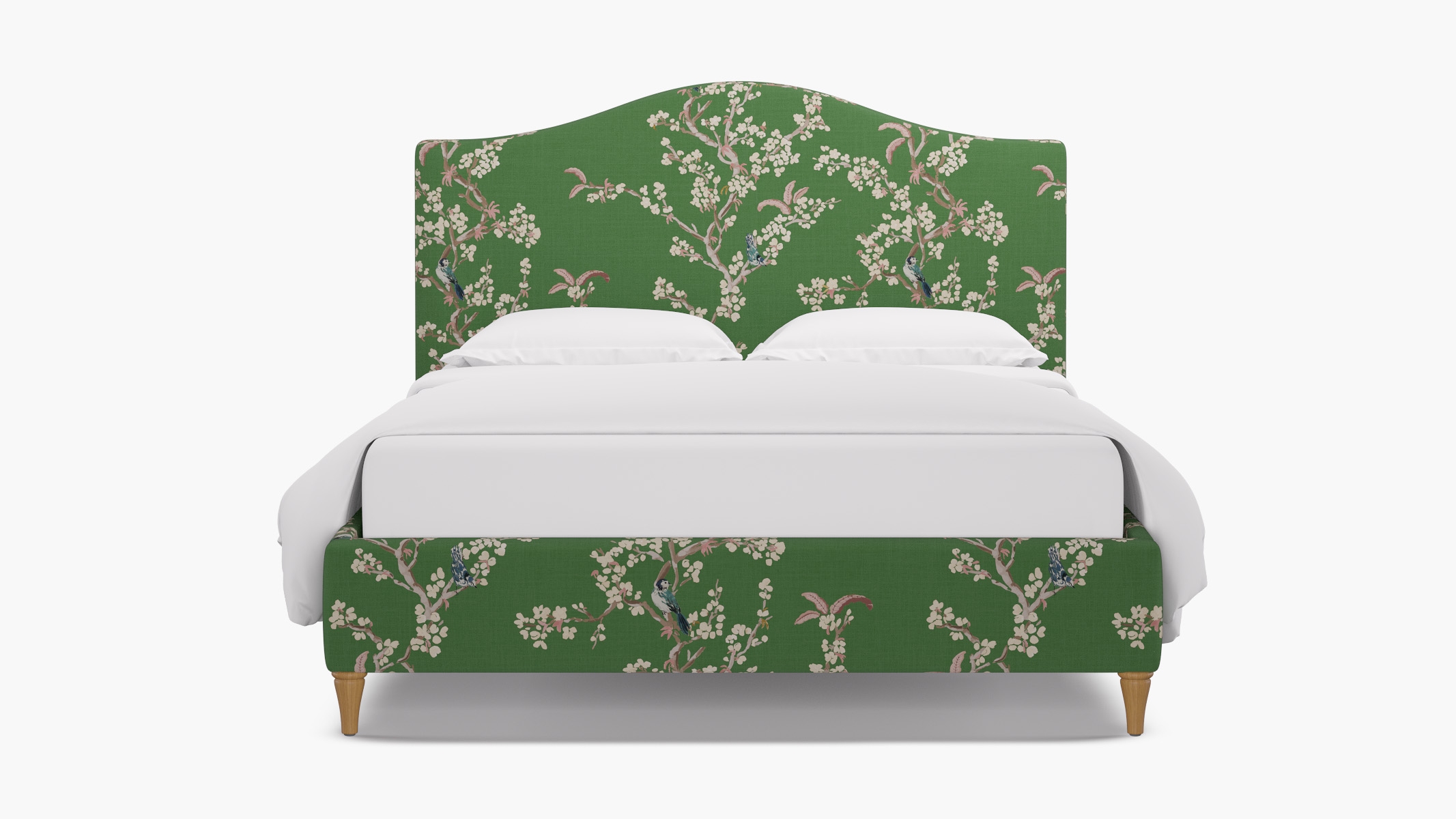 Camelback Bed, Jade Cherry Blossom, Natural Decorative Tapered Leg, King - Image 0