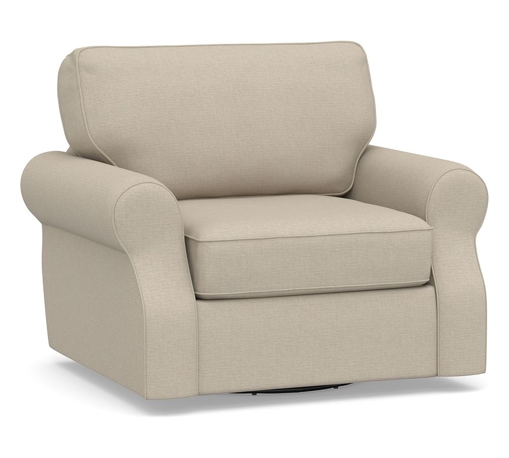 SoMa Fremont Roll Arm Upholstered Swivel Armchair, Polyester Wrapped Cushions, Brushed Crossweave Natural - Image 0