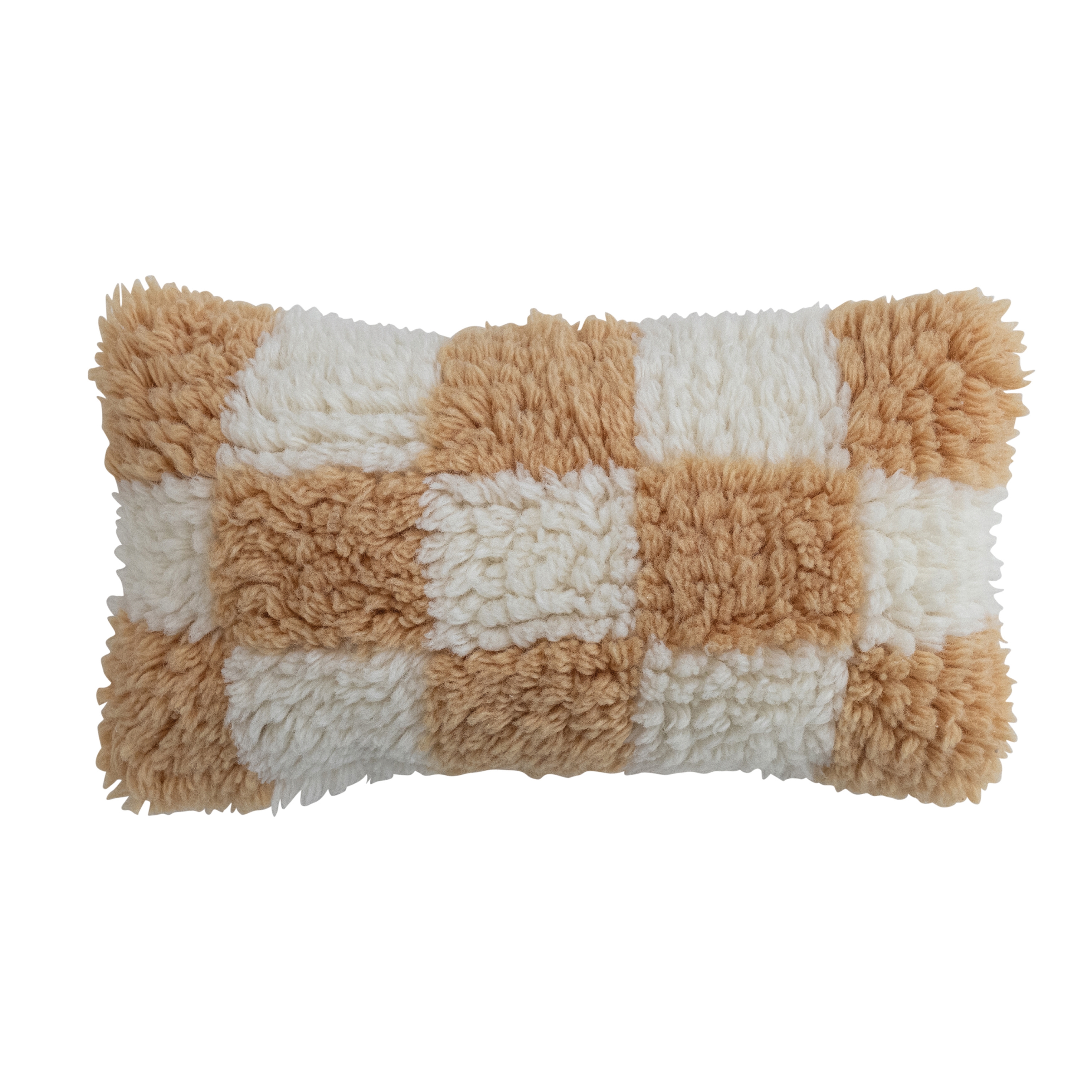 Hand-Woven New Zealand Wool and Cotton Shag Lumbar Pillow with Cotton Back, Cream and Tan Color Check - Image 0