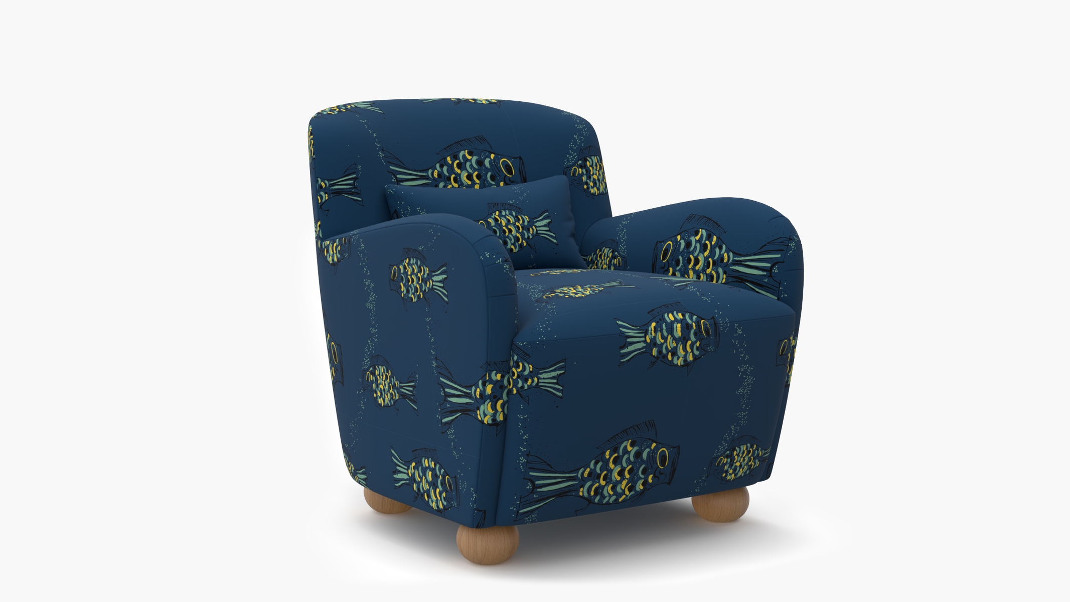 Club Chair, Indigo Sakana, Natural Bun Foot - Image 1