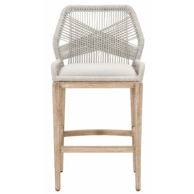 Metal Frame Bar Height Stool with Knitted Rope Covered Backrest and Cushion Seat, White and Brown - Image 0