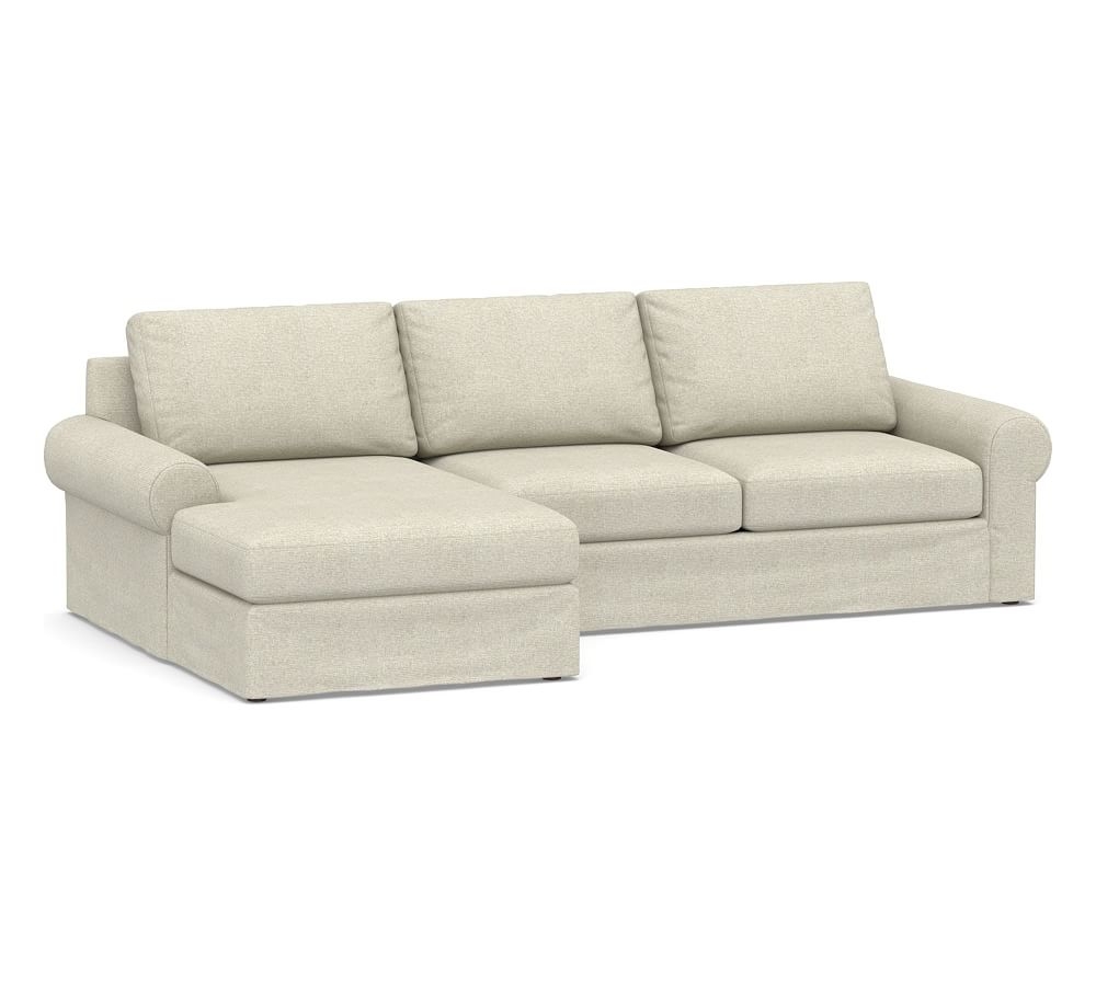 Big Sur Roll Arm Slipcovered Right Arm Loveseat with Chaise Sectional, Down Blend Wrapped Cushions, Performance Heathered Basketweave Alabaster White - Image 0
