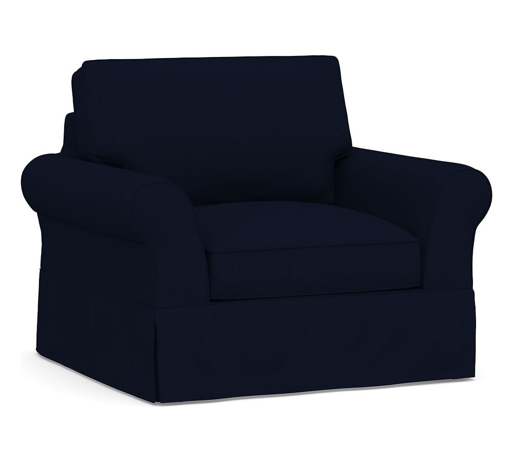 PB Comfort Roll Arm Slipcovered Grand Armchair 45", Box Edge Down Blend Wrapped Cushions, Performance Everydaylinen(TM) Navy - Image 0
