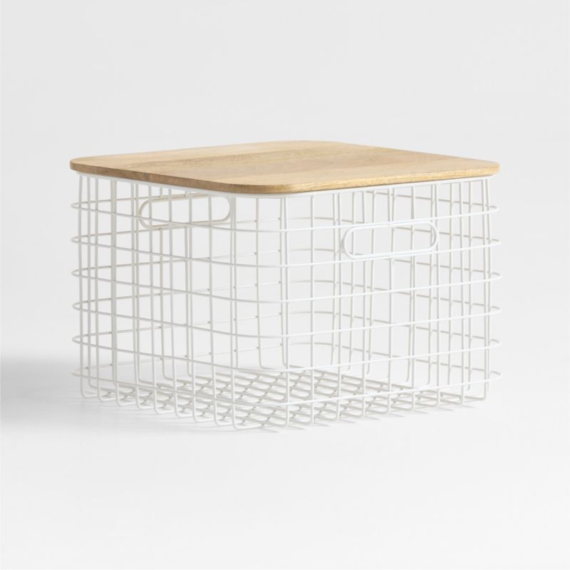Outline White Medium Wire Metal Floor Storage Bin with Wood Lid - Image 1