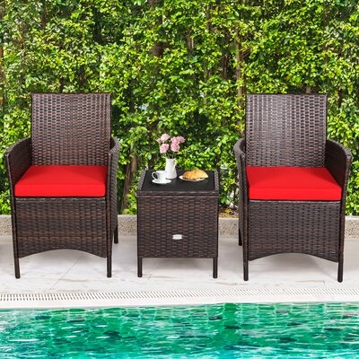 Kailyn 3pcs Outdoor Rattan Conversation Set Patio Furniture Set W/ Blue Cushions - Image 0