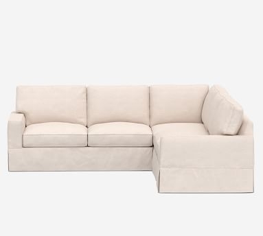 PB Comfort Square Arm Slipcovered 3-Piece L-Shaped Corner Sectional, Box Edge, Down Blend Wrapped Cushions, Chenille Basketweave Pebble - Image 1