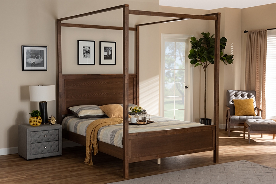 Veronica Modern and Contemporary Walnut Brown Finished Wood Queen Size Platform Canopy Bed - Image 0