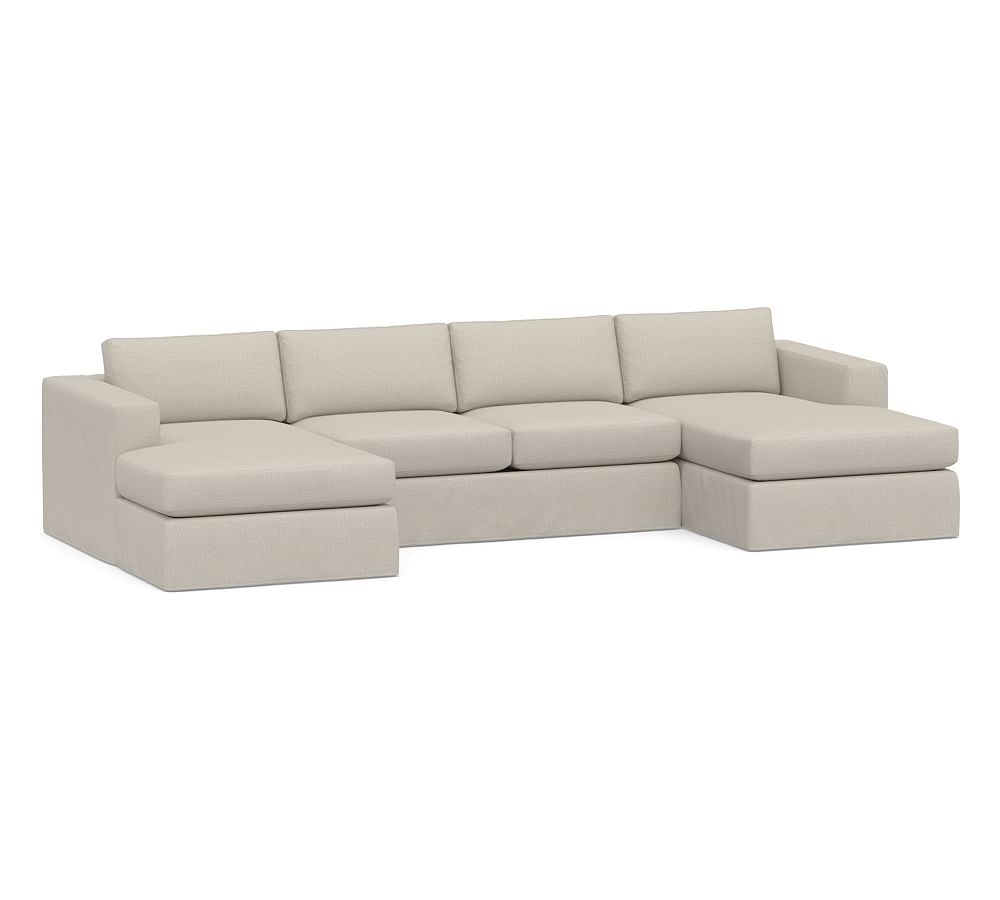 Carmel Square Arm Slipcovered U-Chaise Loveseat Sectional, Down Blend Wrapped Cushions, Performance Heathered Tweed Pebble - Image 0