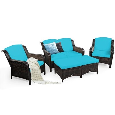 Costway 5pcs Patio Rattan Furniture Set Loveseat Sofa Ottoman Turquoise Cushion - Image 0