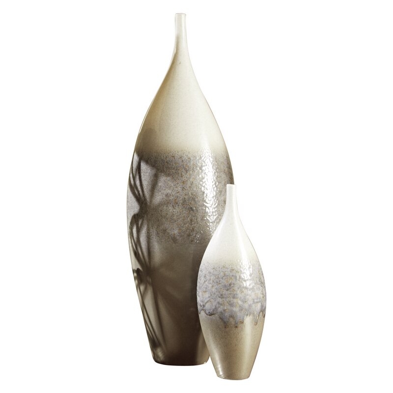 Global Views Rises Ivory/Gray Ceramic Floor Vase Size: 15" H x 3.5" W x 5.25" D - Image 0
