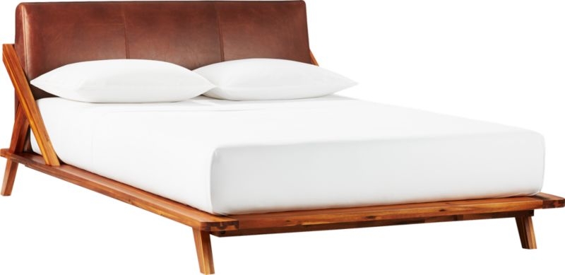 Drommen Acacia Queen Bed with Leather Headboard - Image 3