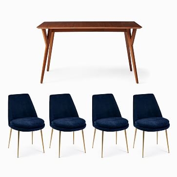 Mid-Century 39"-55" Expandable Dining Table & 4 Finley Low-Back Upholstered Dining Chairs Set, Distressed Velvet, Ink Blue - Image 0