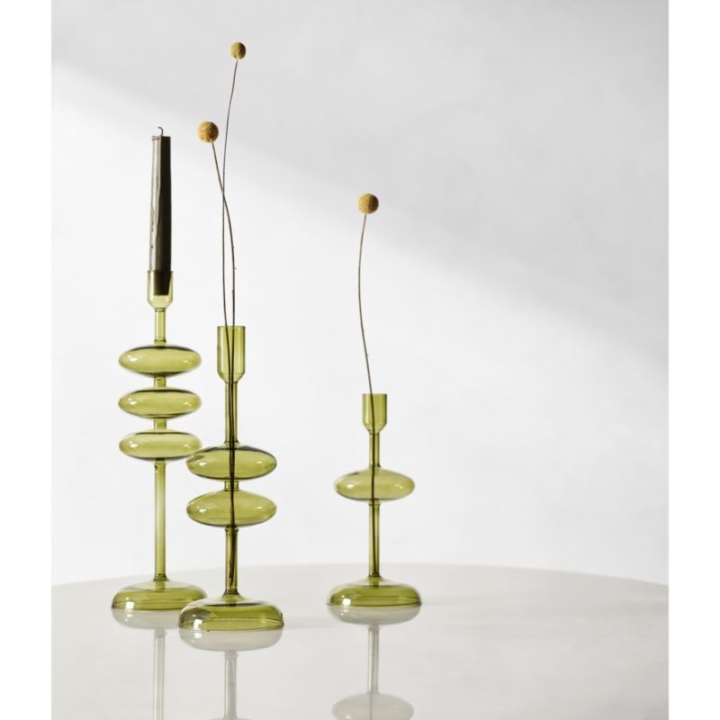 Venezia Olive Green Glass Taper Candle Holders, Set of 3 - Image 1