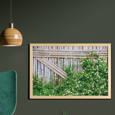 Ambesonne Farmland Wall Art With Frame, Bamboo Fence Covered By Ivy Daisy Flower Blooms Chamomile Petals Picture, Printed Fabric Poster For Bathroom Living Room Dorms, 35" X 23", Green Pale Brown - Image 0