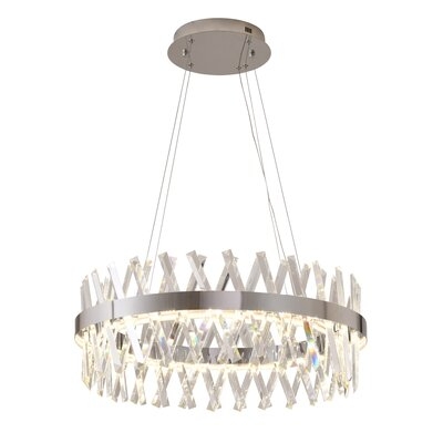 This Dimmable LED Chandelier Is In A Gold Finish. The Frame Is Made Out Of Metal In A Round Shape, And It Comes With Clear Crystals. The LED Bulb Is Integrated Into The Frame. The Adjustable Cord Links Make This Fixture Suitable For Most Ceiling Heights. - Image 0