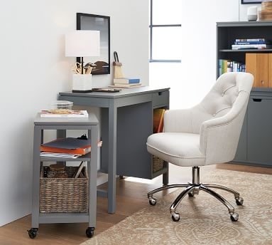 Everett Upholstered Swivel Desk Chair, Polished Nickel Base, Chenille Basketweave Taupe - Image 1