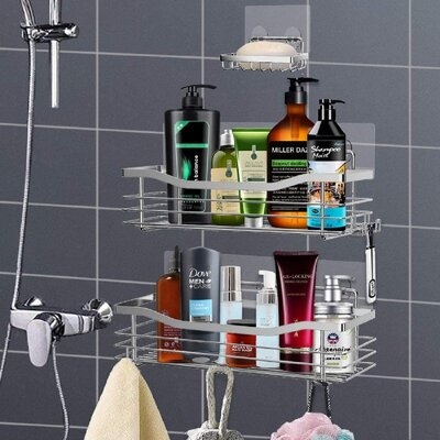 Shower Caddy Basket Soap Dish Holder Shelf With 5 Hooks Bathroom Organizer Shelf Kitchen Storage Rack Wall Mounted Adhesive No Drilling SUS304 Stainless Steel - 3 Pack - Image 0