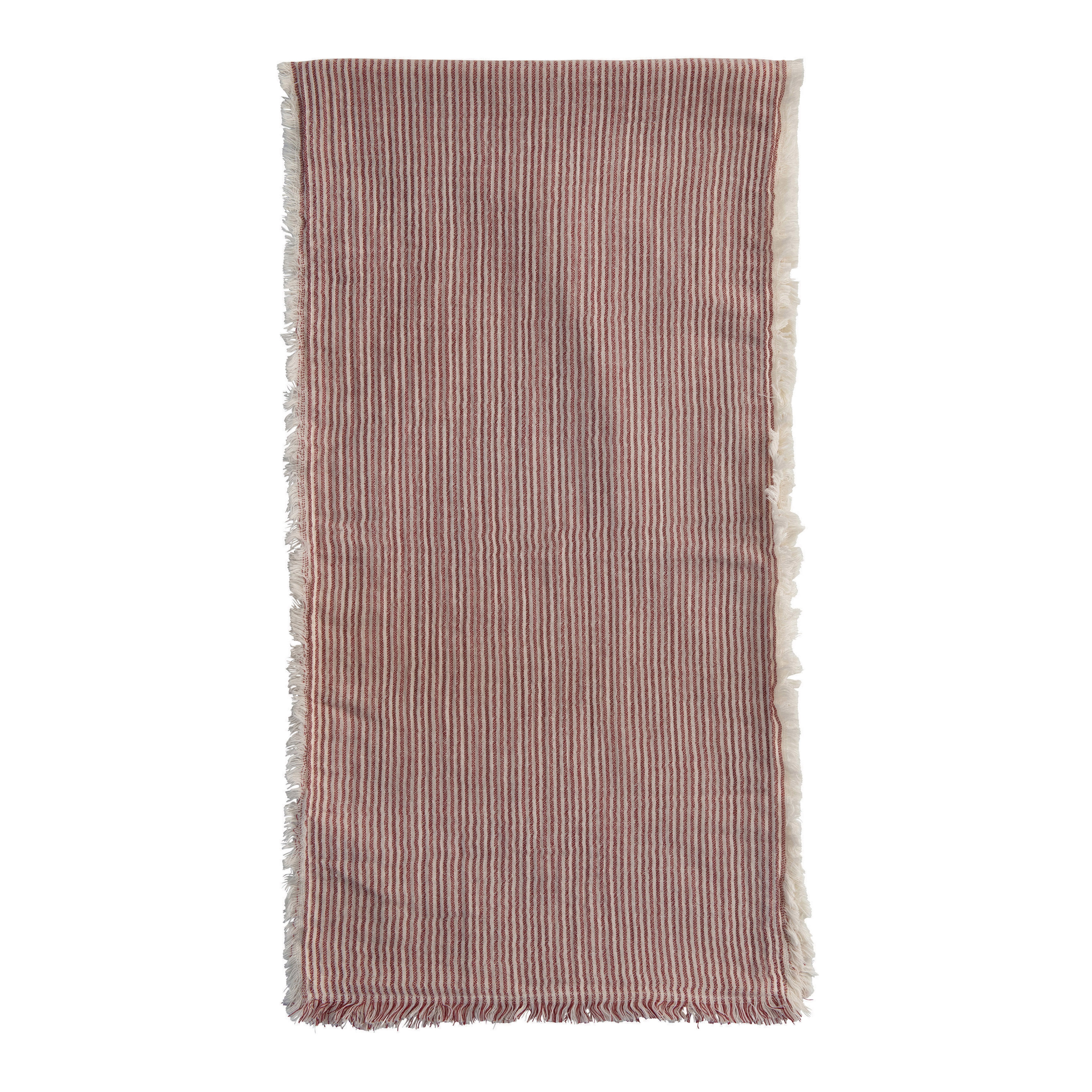 Brushed Cotton Table Runner with Stripes & Fringe, Red & White - Image 0