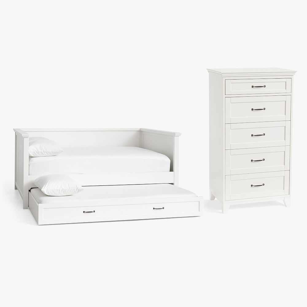 Hampton Daybed & Trundle with 5-Drawer Tall Dresser Set, Twin, Simply White - Image 0