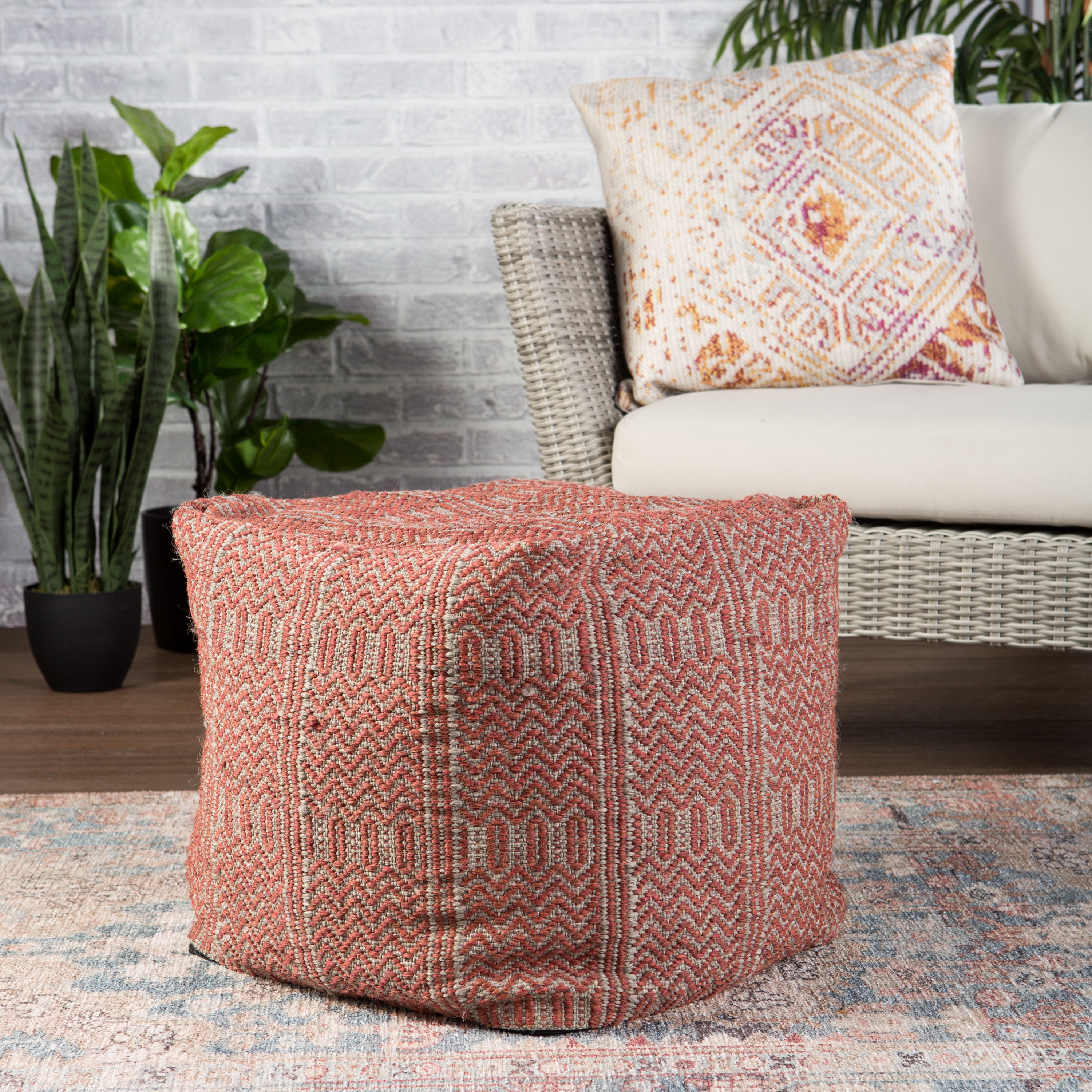 Destrie Indoor/ Outdoor Tribal Red/ Light Gray Cube Pouf - Image 1