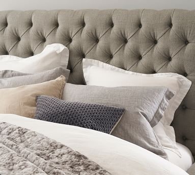Chesterfield Upholstered Tufted Headboard, Full, Performance Brushed Basketweave Chambray - Image 1