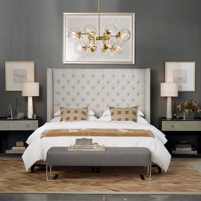 Presidio Xtall Diamond Tufted Bed, Queen, Belgian Linen, Oatmeal, Grey Leg - Image 1