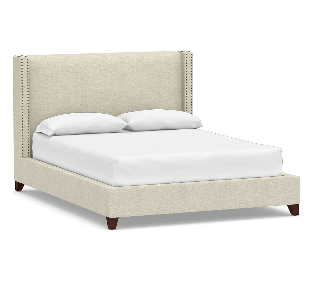 Harper Non-Tufted Upholstered Low Bed with Bronze Nailheads, Full, Performance Heathered Basketweave Alabaster White - Image 0