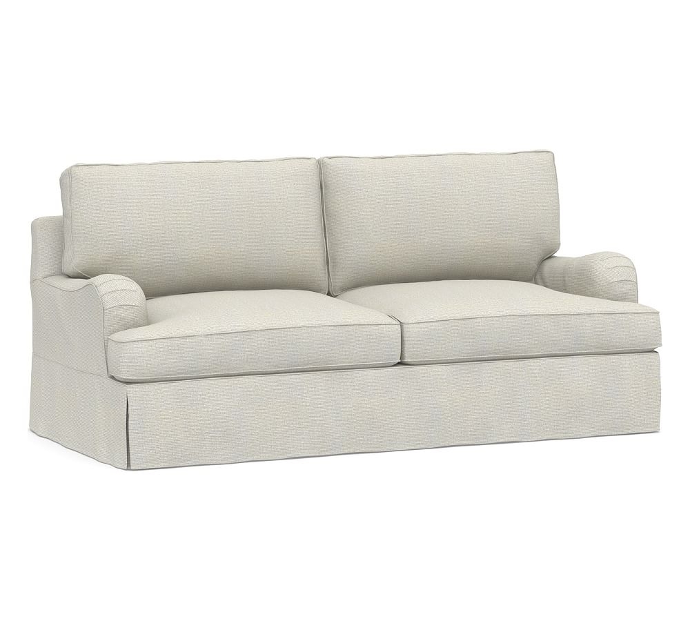 PB English Slipcovered Sofa, Down Blend Wrapped Cushions, Performance Heathered Basketweave Dove - Image 0