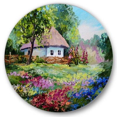House On The Mountain With Blossoming Flowers I - Traditional Metal Circle Wall Art - Image 0