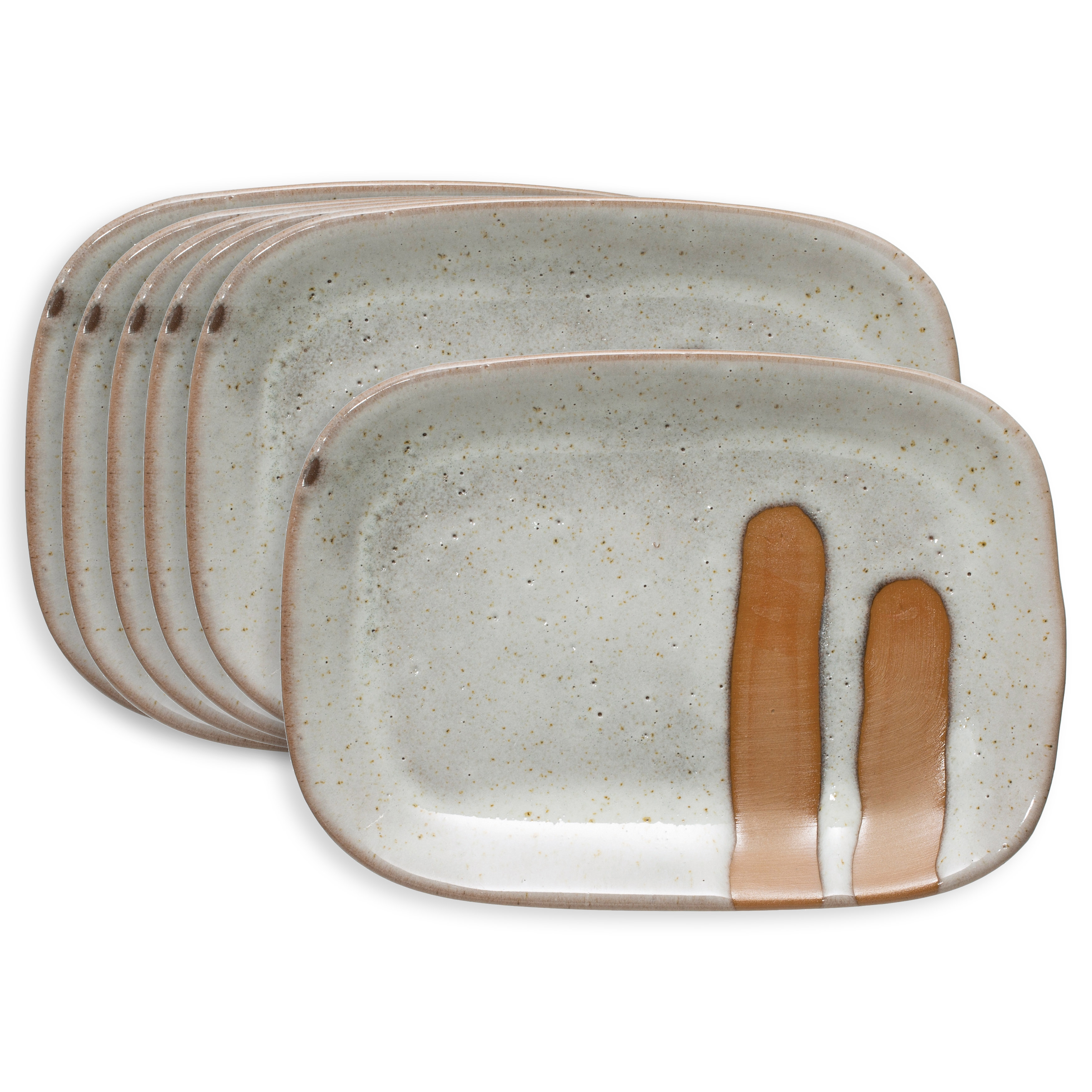 Southwest Inspired Reactive Glaze Stoneware Small Soap Dish Plates Neutral Beige and Orange, Set of 6 - Image 0