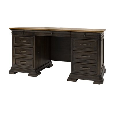 Executive Credenza, Desk With Solid Wood Plank Top, Fully Assembled, Brown - Image 0