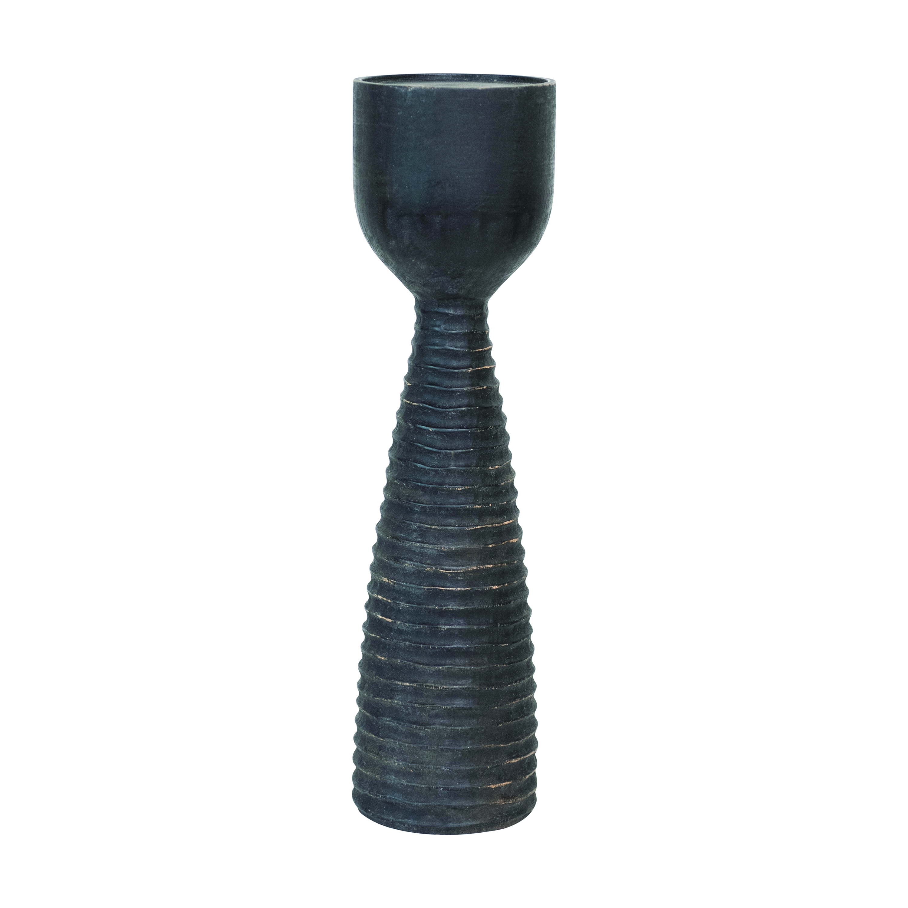 Round Hand-Carved Mango Wood Ribbed Candle Holder, Black (Holds 4 inches Pillar) - Image 0