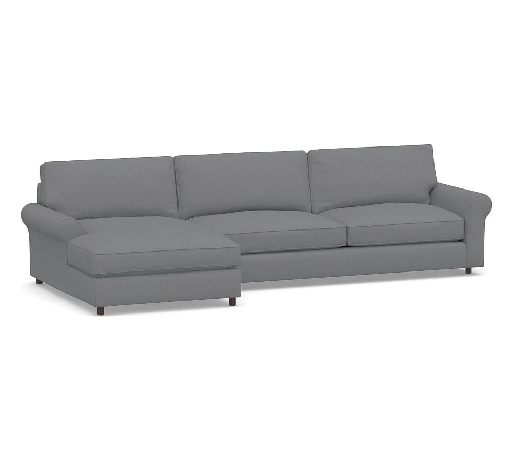 PB Comfort Roll Arm Upholstered Right Arm Sofa with Wide Chaise Sectional, Box Edge Down Blend Wrapped Cushions, Textured Twill Light Gray - Image 0