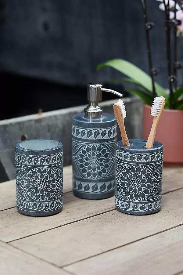Floral Etched Soapstone Toothbrush Holder - Image 0