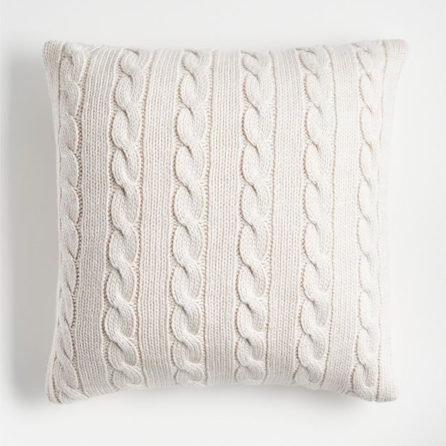 Alabaster Ivory Wool Blend Cozy Cable Knit 23"x23" Throw Pillow with Down-Alternative Insert - Image 0
